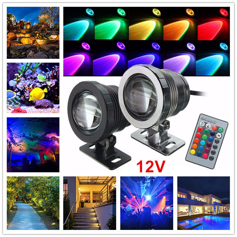Angelila 12V RGB Color Changing LED Flood Light Waterproof Garden Fountain Pond Pool Aquarium Lights Outdoor Fountain Rockery Lawn Landscape Lighting with Remote Control 10W Spotlight Bulb